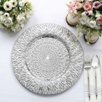 6 - Pack Plastic Round Charger Plates 13" in Silver with Embossed Peacock Pattern, Stylish Disposable Charger Tableware - Bell Racket Store