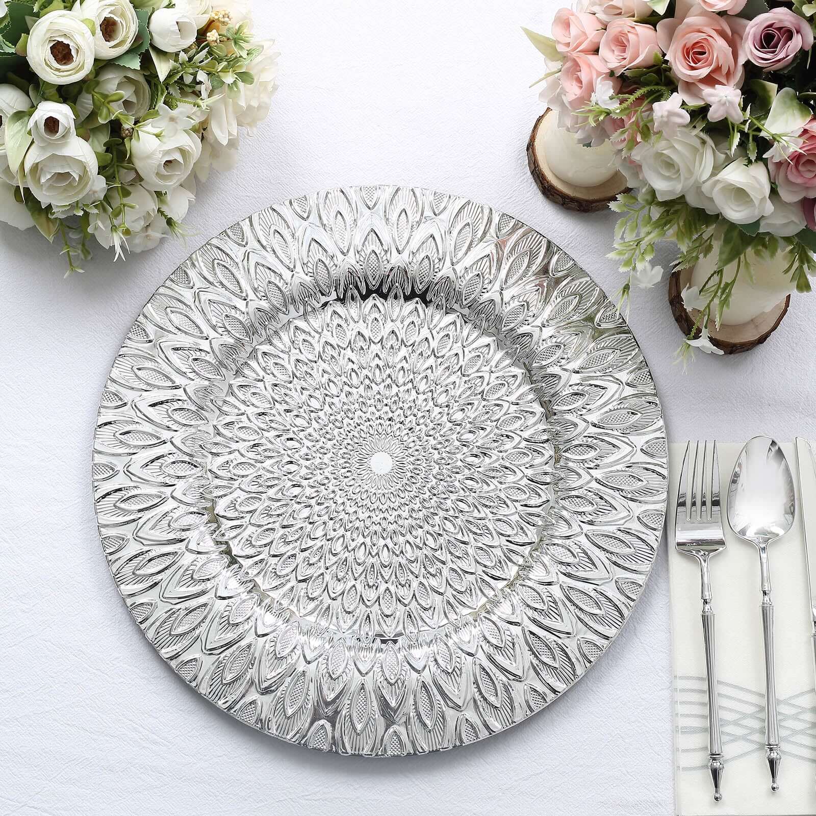 6 - Pack Plastic Round Charger Plates 13" in Silver with Embossed Peacock Pattern, Stylish Disposable Charger Tableware - Bell Racket Store