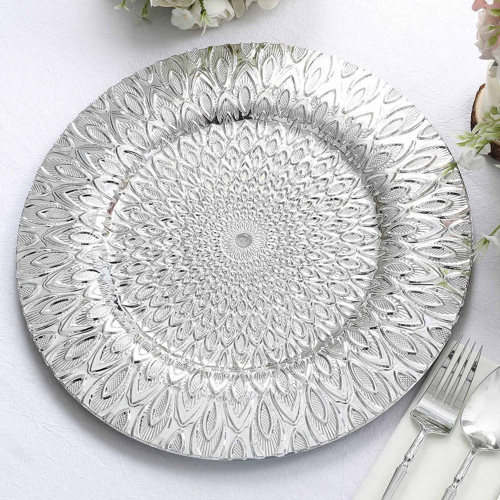 6 - Pack Plastic Round Charger Plates 13" in Silver with Embossed Peacock Pattern, Stylish Disposable Charger Tableware - Bell Racket Store