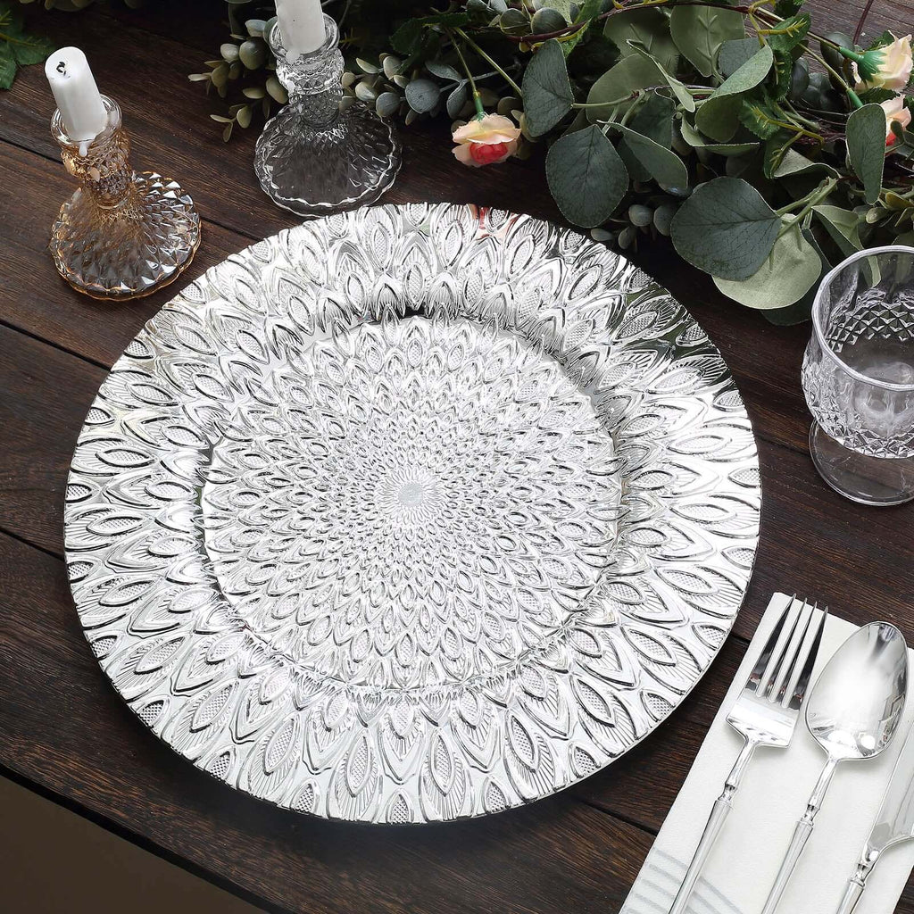 6 - Pack Plastic Round Charger Plates 13" in Silver with Embossed Peacock Pattern, Stylish Disposable Charger Tableware - Bell Racket Store