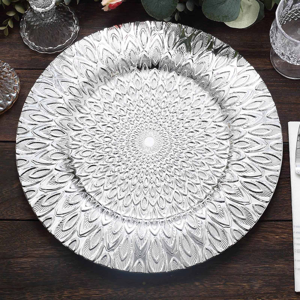 6 - Pack Plastic Round Charger Plates 13" in Silver with Embossed Peacock Pattern, Stylish Disposable Charger Tableware - Bell Racket Store