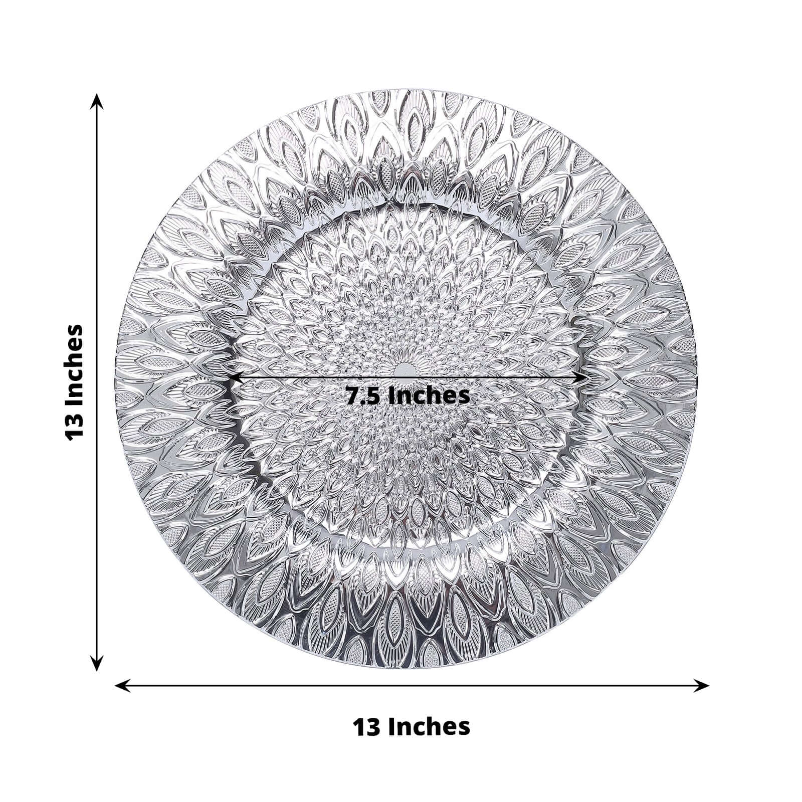 6 - Pack Plastic Round Charger Plates 13" in Silver with Embossed Peacock Pattern, Stylish Disposable Charger Tableware - Bell Racket Store