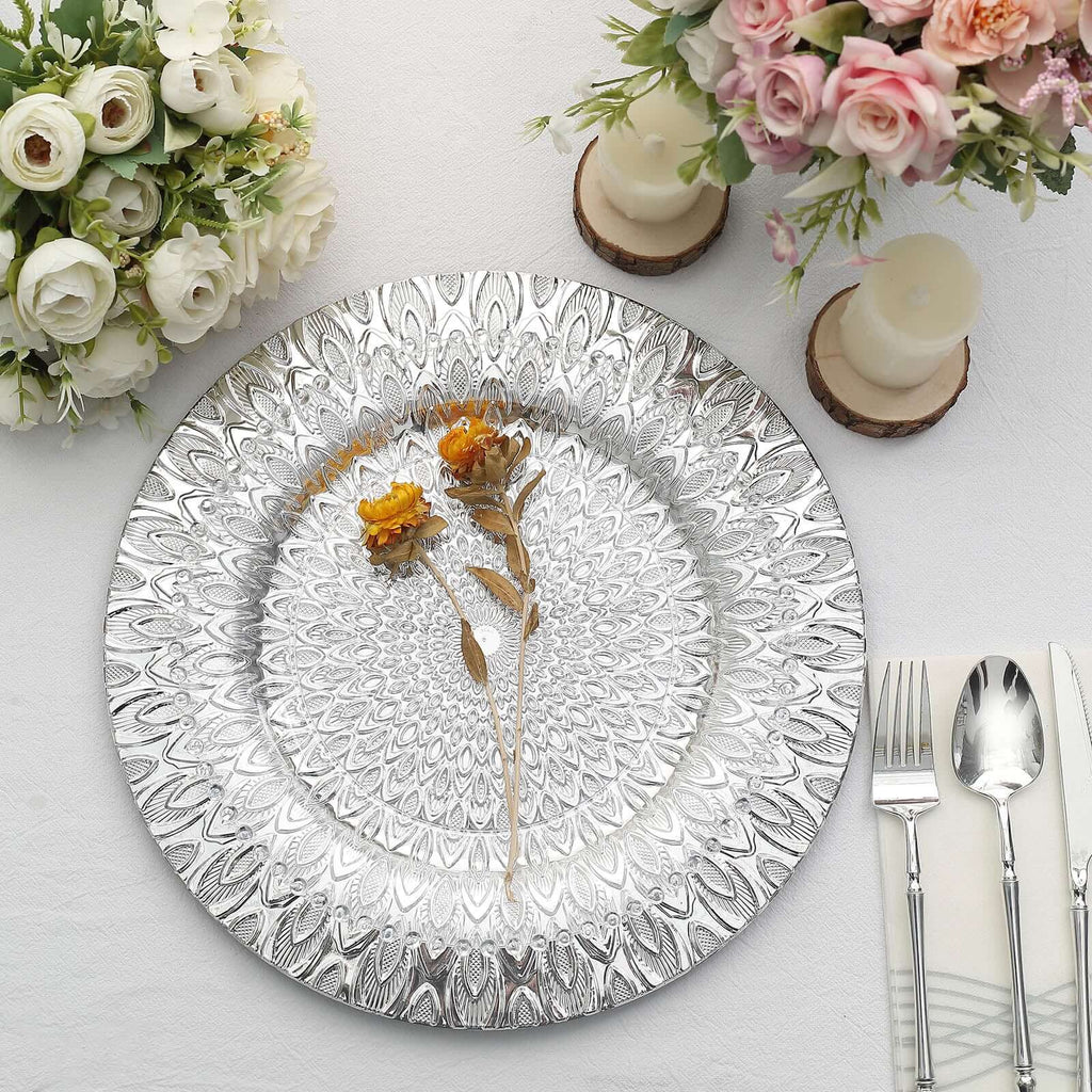 6 - Pack Plastic Round Charger Plates 13" in Silver with Embossed Peacock Pattern, Stylish Disposable Charger Tableware - Bell Racket Store