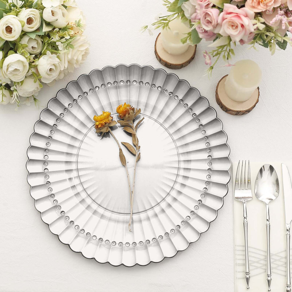 6 - Pack Plastic Round Charger Plates 13" in Silver with Scalloped Shell Pattern, Coastal Inspired Disposable Charger Tableware - Bell Racket Store