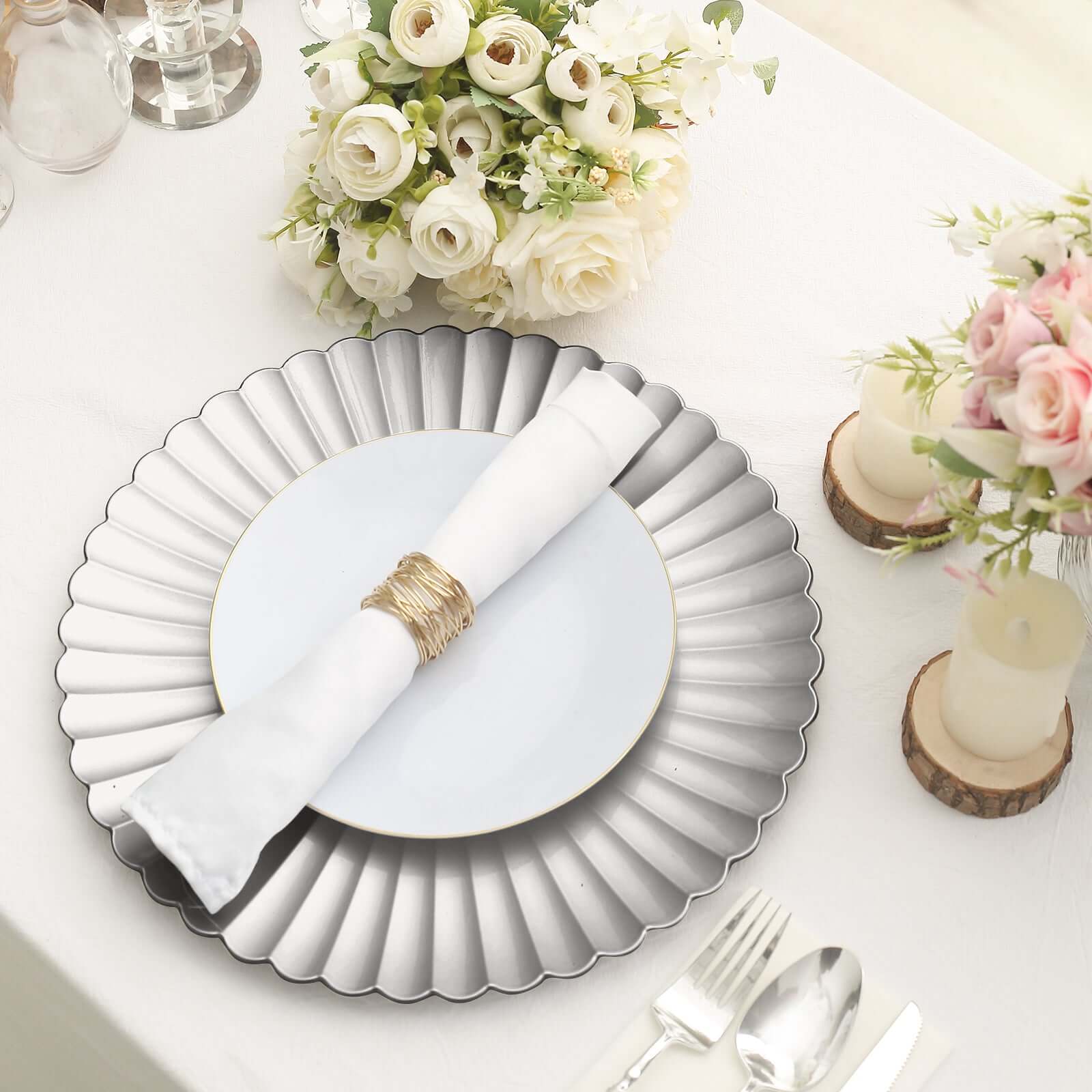 6 - Pack Plastic Round Charger Plates 13" in Silver with Scalloped Shell Pattern, Coastal Inspired Disposable Charger Tableware - Bell Racket Store