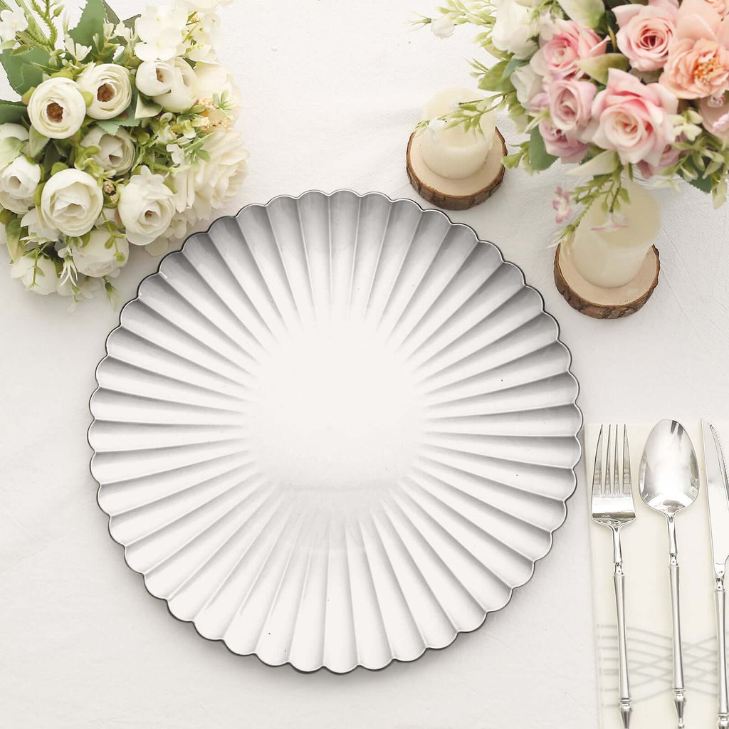6 - Pack Plastic Round Charger Plates 13" in Silver with Scalloped Shell Pattern, Coastal Inspired Disposable Charger Tableware - Bell Racket Store