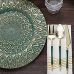 6 - Pack Plastic Round Charger Plates 13" in Teal with Gold Embossed Peacock Pattern, Stylish Disposable Charger Tableware - Bell Racket Store