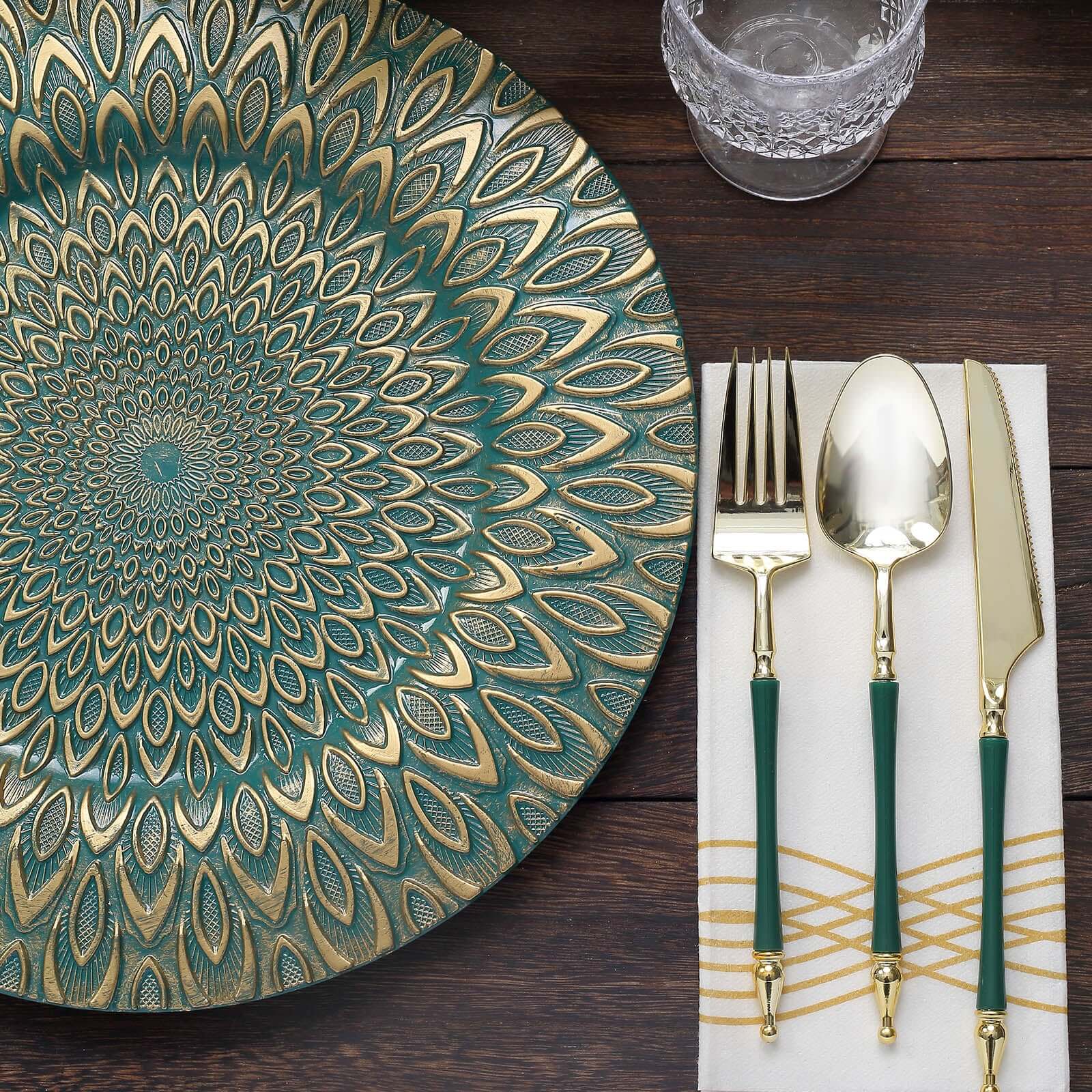 6 - Pack Plastic Round Charger Plates 13" in Teal with Gold Embossed Peacock Pattern, Stylish Disposable Charger Tableware - Bell Racket Store