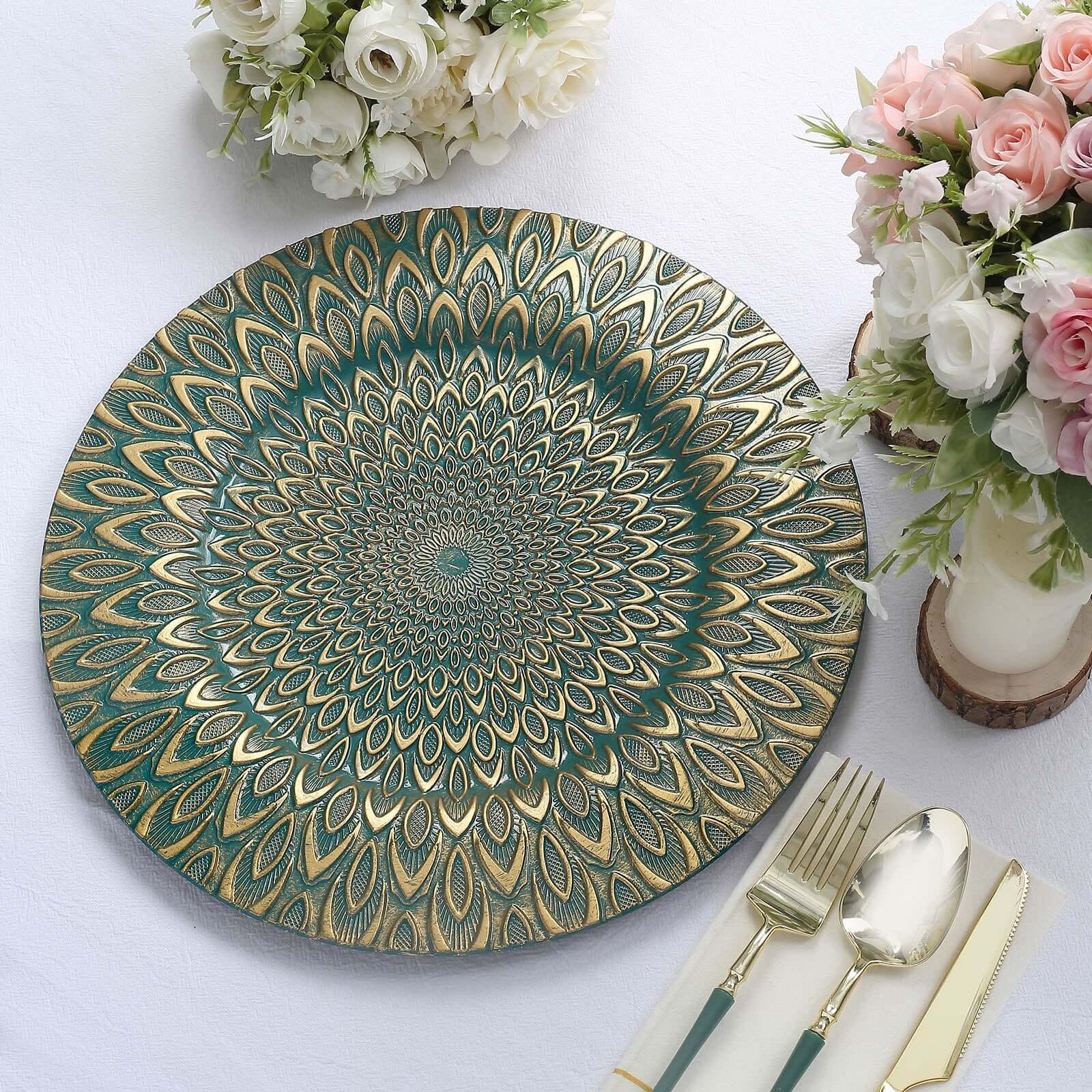 6 - Pack Plastic Round Charger Plates 13" in Teal with Gold Embossed Peacock Pattern, Stylish Disposable Charger Tableware - Bell Racket Store