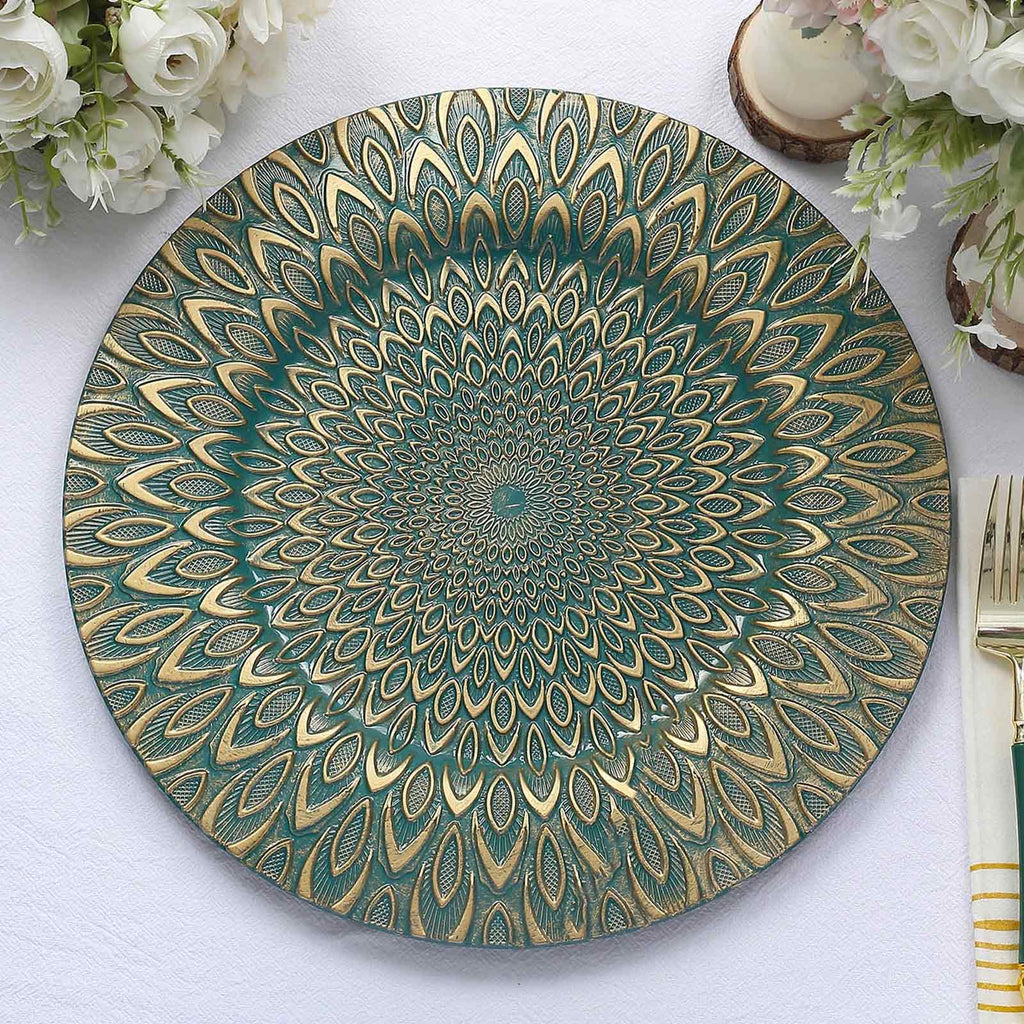 6 - Pack Plastic Round Charger Plates 13" in Teal with Gold Embossed Peacock Pattern, Stylish Disposable Charger Tableware - Bell Racket Store