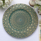 6 - Pack Plastic Round Charger Plates 13" in Teal with Gold Embossed Peacock Pattern, Stylish Disposable Charger Tableware - Bell Racket Store