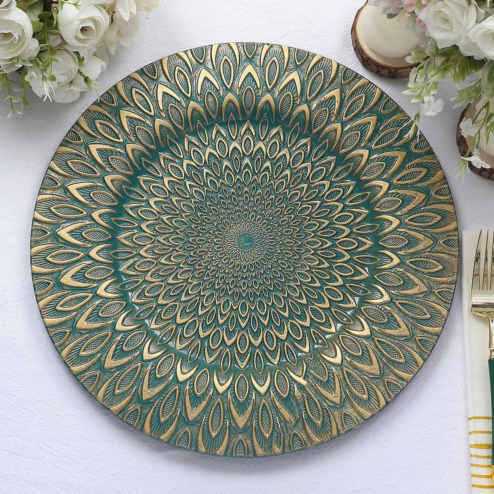 6 - Pack Plastic Round Charger Plates 13" in Teal with Gold Embossed Peacock Pattern, Stylish Disposable Charger Tableware - Bell Racket Store