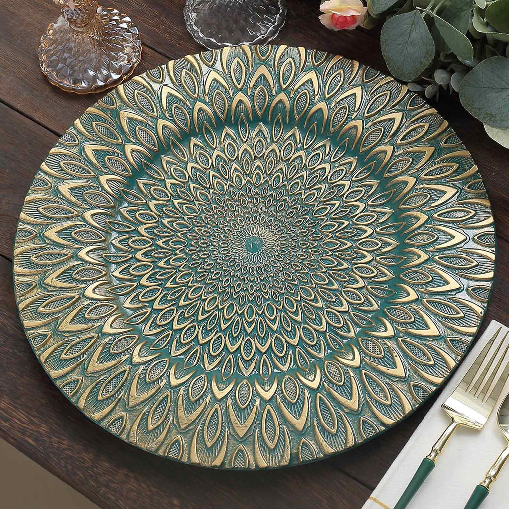 6 - Pack Plastic Round Charger Plates 13" in Teal with Gold Embossed Peacock Pattern, Stylish Disposable Charger Tableware - Bell Racket Store