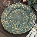 6 - Pack Plastic Round Charger Plates 13" in Teal with Gold Embossed Peacock Pattern, Stylish Disposable Charger Tableware - Bell Racket Store