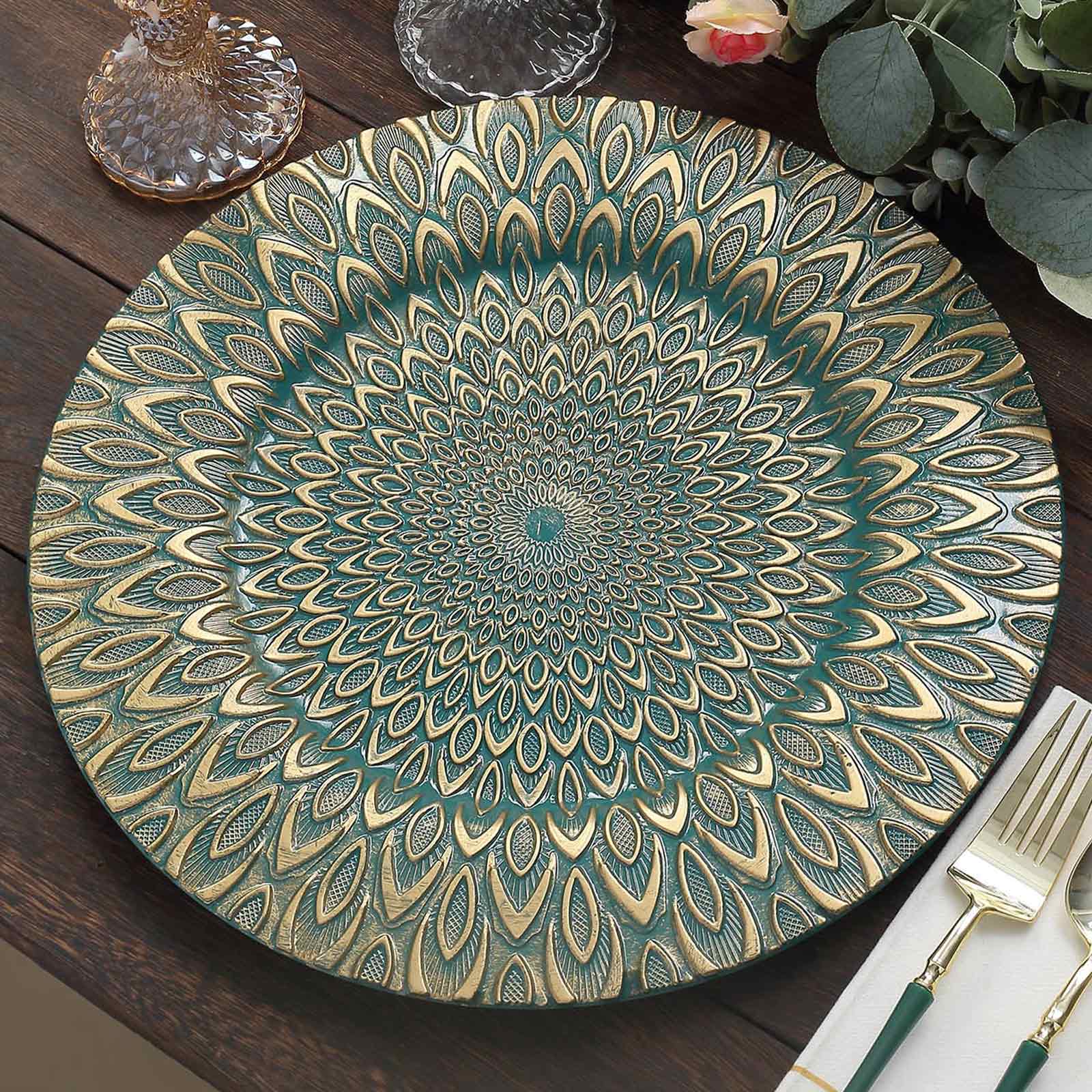 6 - Pack Plastic Round Charger Plates 13" in Teal with Gold Embossed Peacock Pattern, Stylish Disposable Charger Tableware - Bell Racket Store