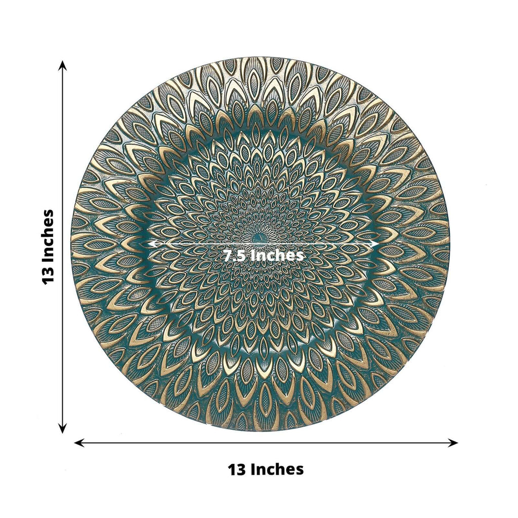 6 - Pack Plastic Round Charger Plates 13" in Teal with Gold Embossed Peacock Pattern, Stylish Disposable Charger Tableware - Bell Racket Store