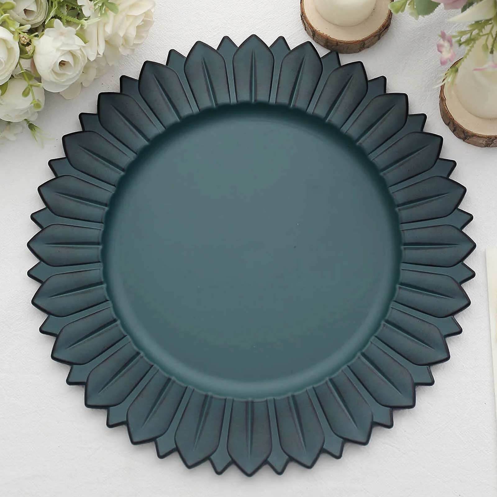 6 - Pack Plastic Round Charger Plates 13" in Teal with Sunflower Rim, Matte Finish Disposable Dinner Charger Tableware - Bell Racket Store
