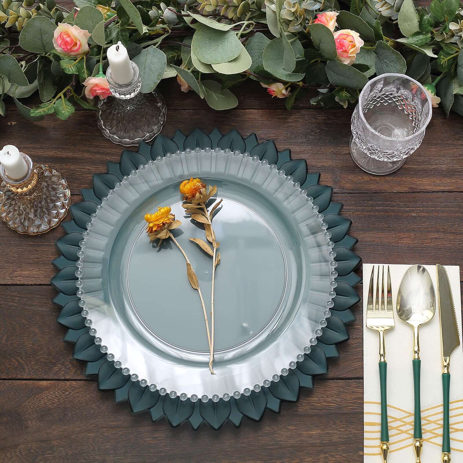 6 - Pack Plastic Round Charger Plates 13" in Teal with Sunflower Rim, Matte Finish Disposable Dinner Charger Tableware - Bell Racket Store