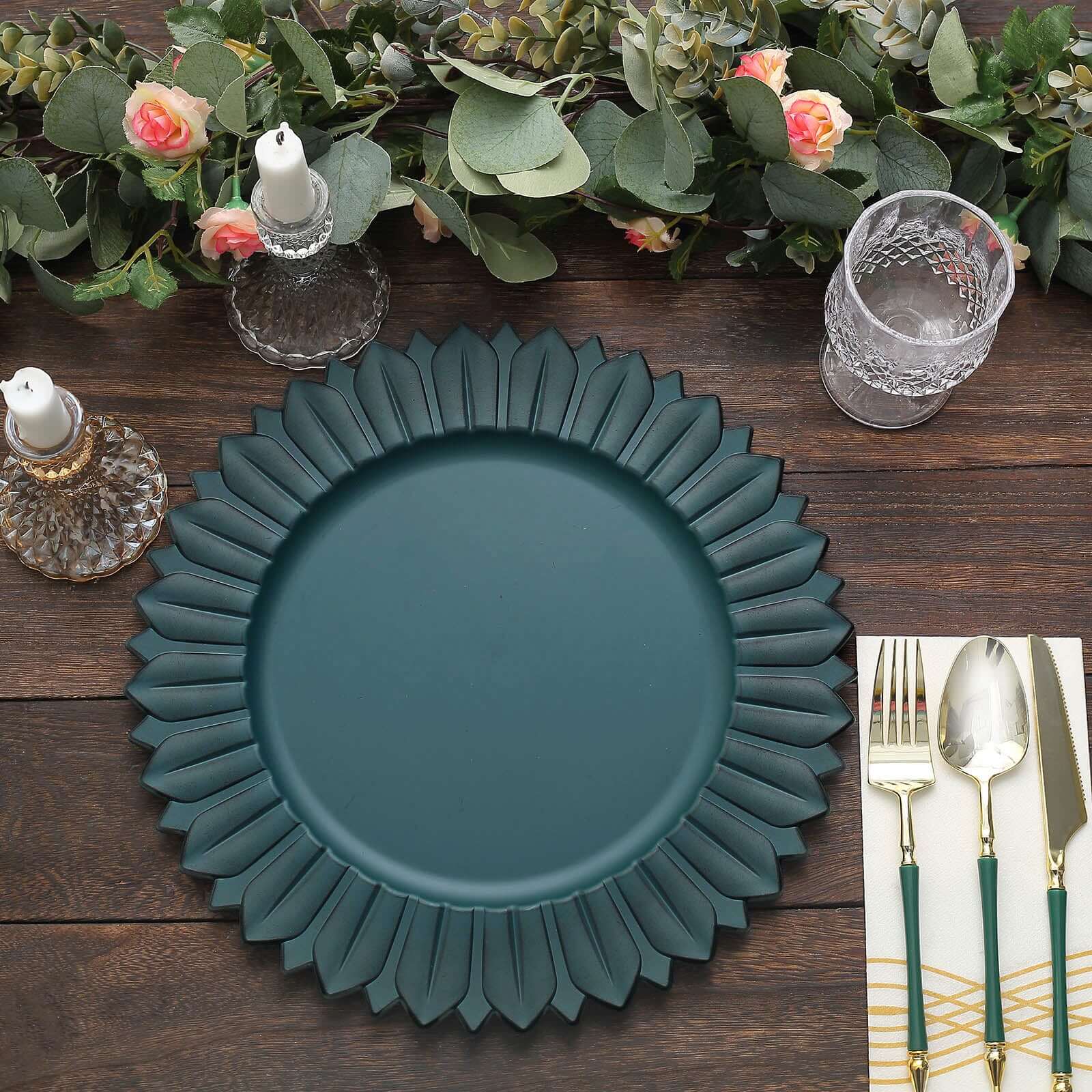 6 - Pack Plastic Round Charger Plates 13" in Teal with Sunflower Rim, Matte Finish Disposable Dinner Charger Tableware - Bell Racket Store