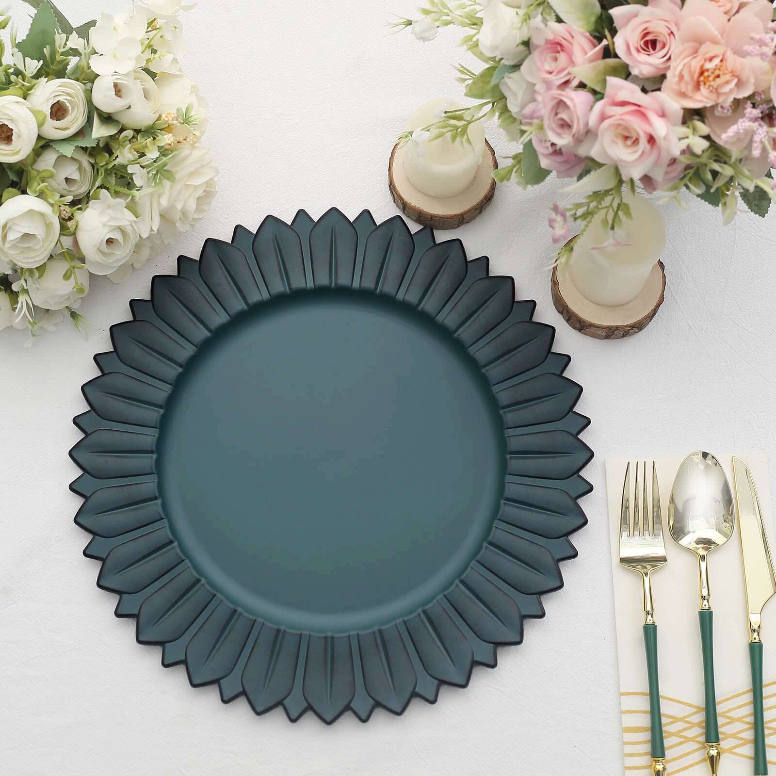 6 - Pack Plastic Round Charger Plates 13" in Teal with Sunflower Rim, Matte Finish Disposable Dinner Charger Tableware - Bell Racket Store