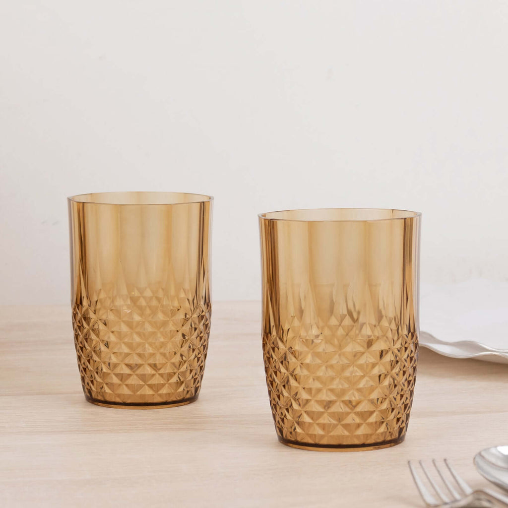 6 - Pack Plastic Short Tumblers Amber Gold Transparent Crystal Cut Style - Reusable All - Purpose Glasses 16oz - Bell Racket Store