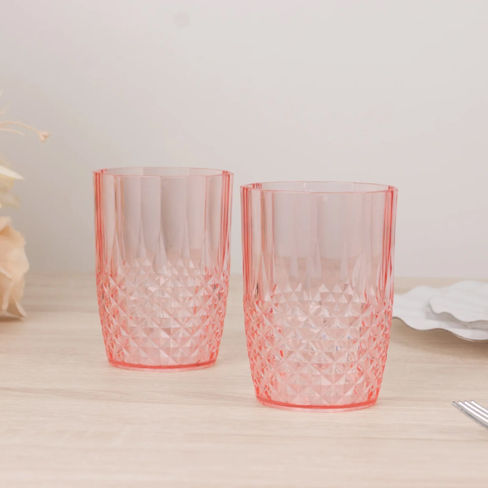 6 - Pack Plastic Short Tumblers Transparent Blush Crystal Cut Style - Reusable All - Purpose Glasses 16oz - Bell Racket Store