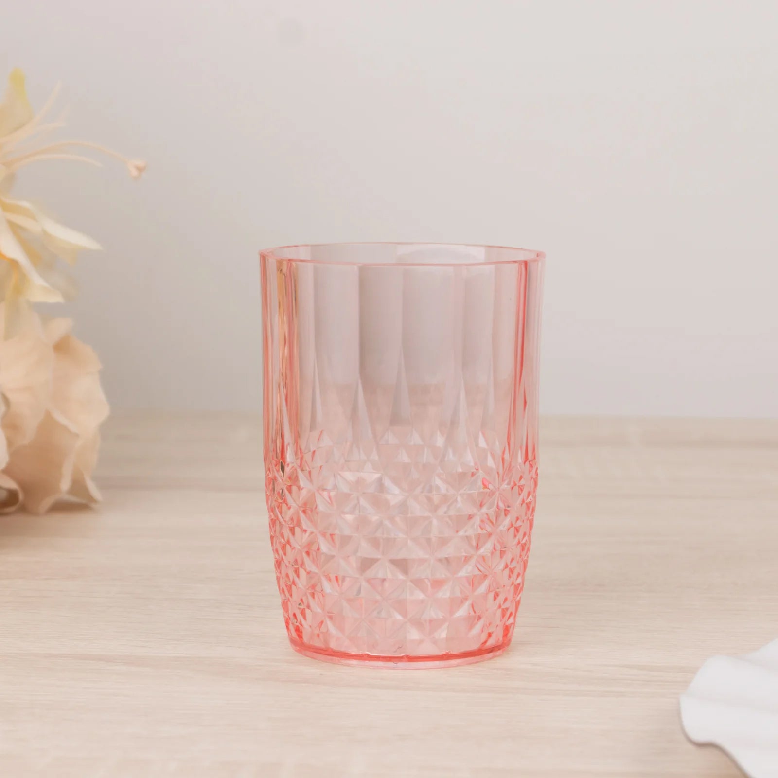 6 - Pack Plastic Short Tumblers Transparent Blush Crystal Cut Style - Reusable All - Purpose Glasses 16oz - Bell Racket Store