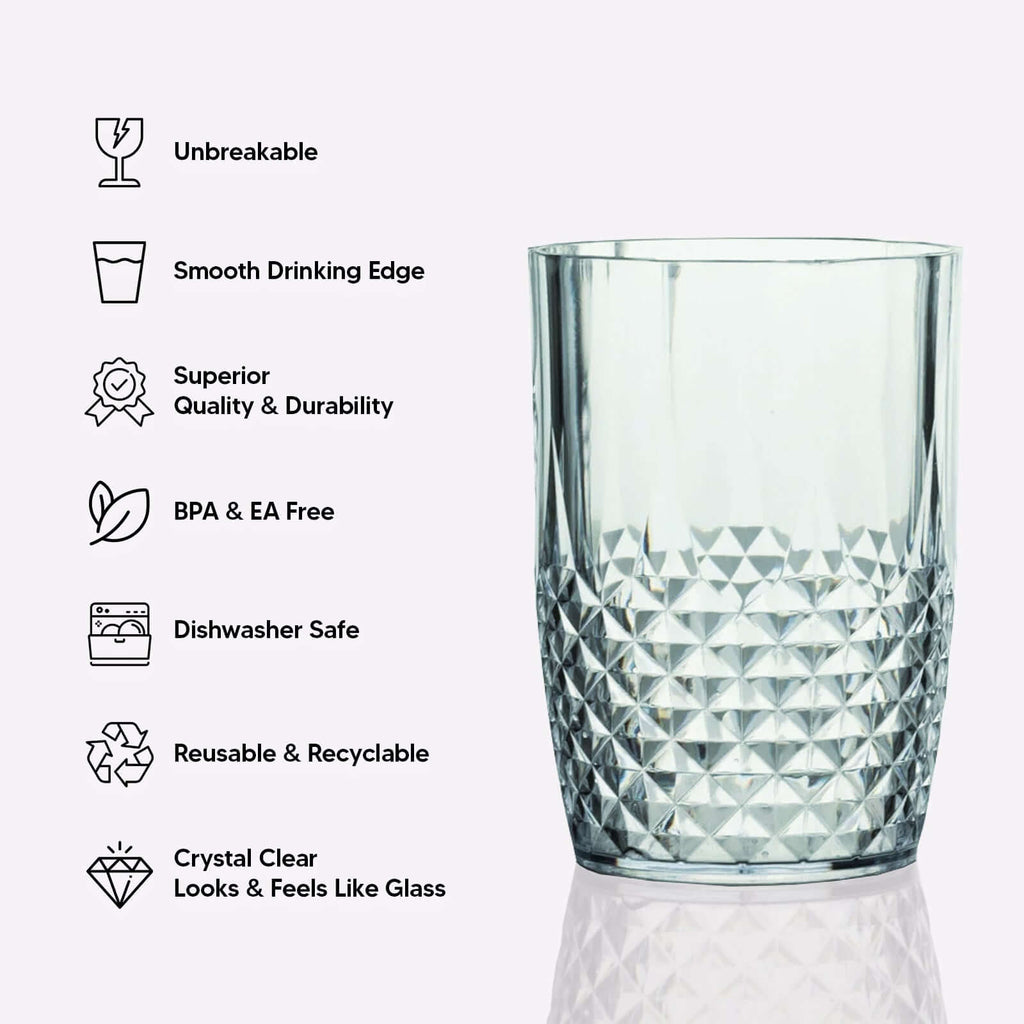 6 - Pack Plastic Short Tumblers Transparent Blush Crystal Cut Style - Reusable All - Purpose Glasses 16oz - Bell Racket Store