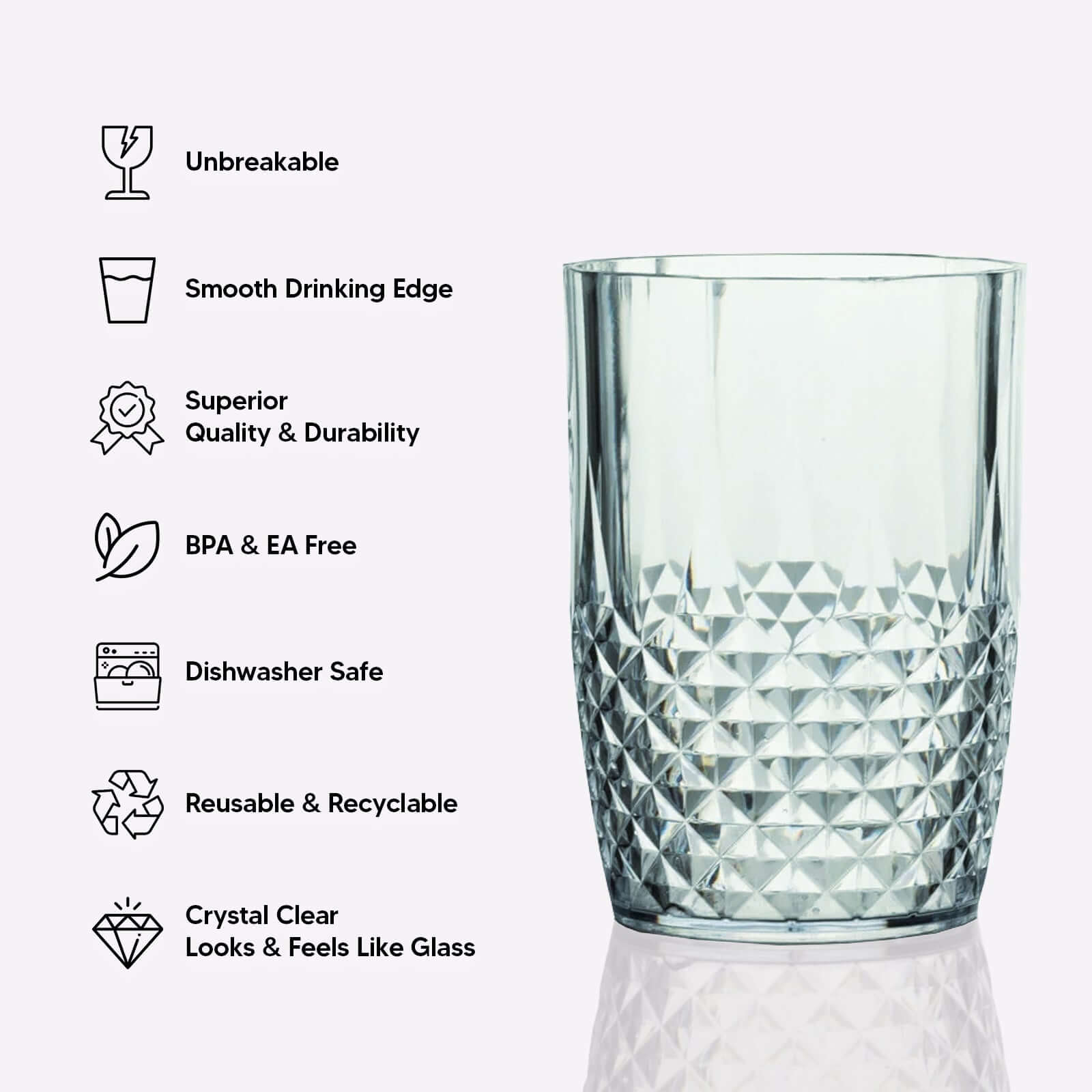 6 - Pack Plastic Short Tumblers Transparent Blush Crystal Cut Style - Reusable All - Purpose Glasses 16oz - Bell Racket Store