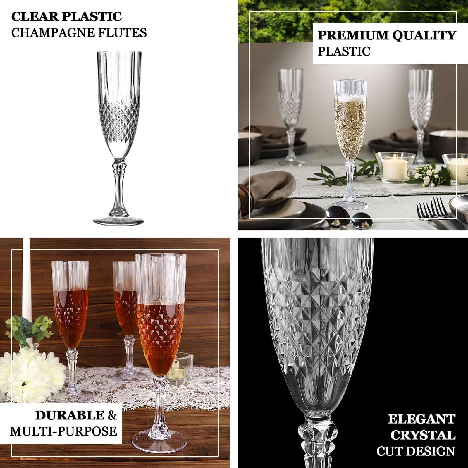 6 - Pack Plastic Wedding Toast Flutes Amber Gold Transparent Crystal Cut Style - Reusable Champagne Glasses 8oz - Bell Racket Store