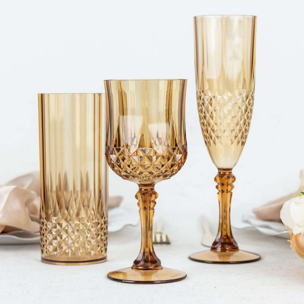 6 - Pack Plastic Wedding Toast Flutes Amber Gold Transparent Crystal Cut Style - Reusable Champagne Glasses 8oz - Bell Racket Store