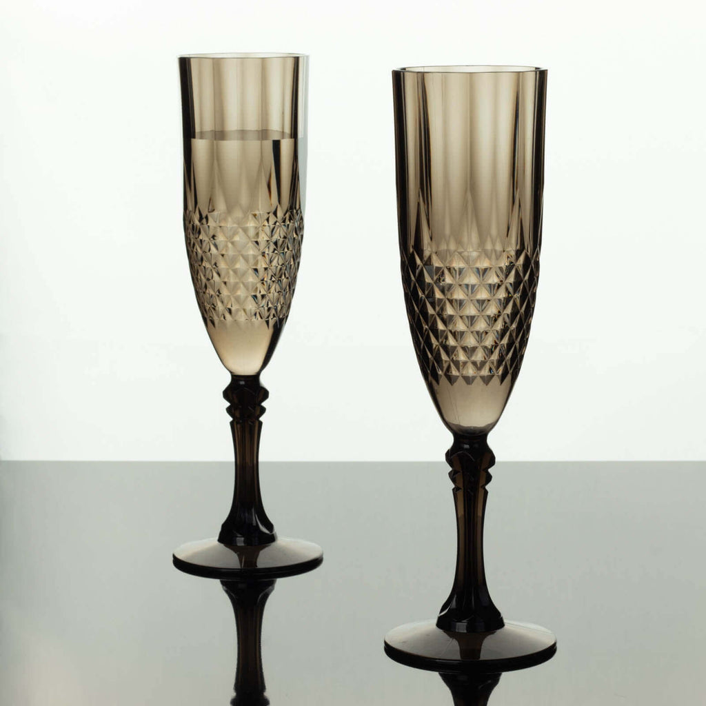 6 - Pack Plastic Wedding Toast Flutes Black Transparent Crystal Cut Style - Reusable Champagne Glasses 8oz - Bell Racket Store