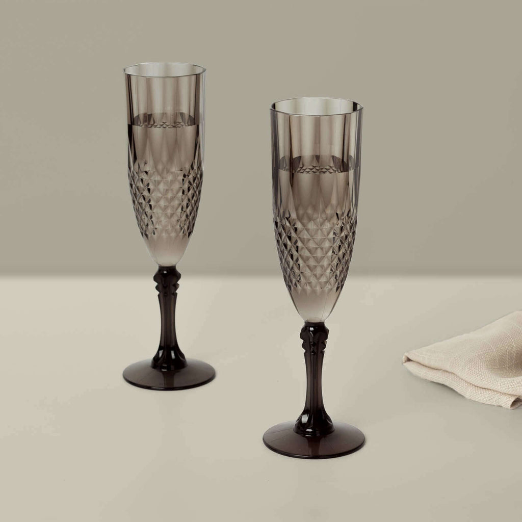 6 - Pack Plastic Wedding Toast Flutes Black Transparent Crystal Cut Style - Reusable Champagne Glasses 8oz - Bell Racket Store