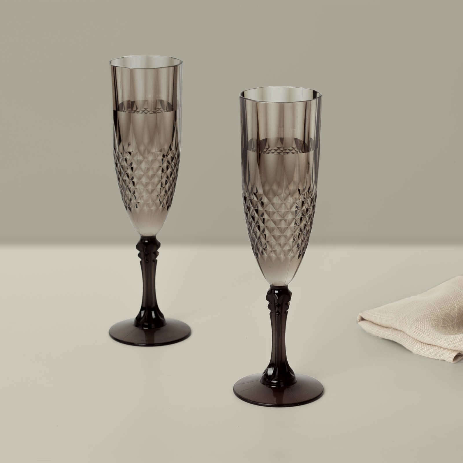 6 - Pack Plastic Wedding Toast Flutes Black Transparent Crystal Cut Style - Reusable Champagne Glasses 8oz - Bell Racket Store