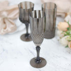 6 - Pack Plastic Wedding Toast Flutes Black Transparent Crystal Cut Style - Reusable Champagne Glasses 8oz - Bell Racket Store