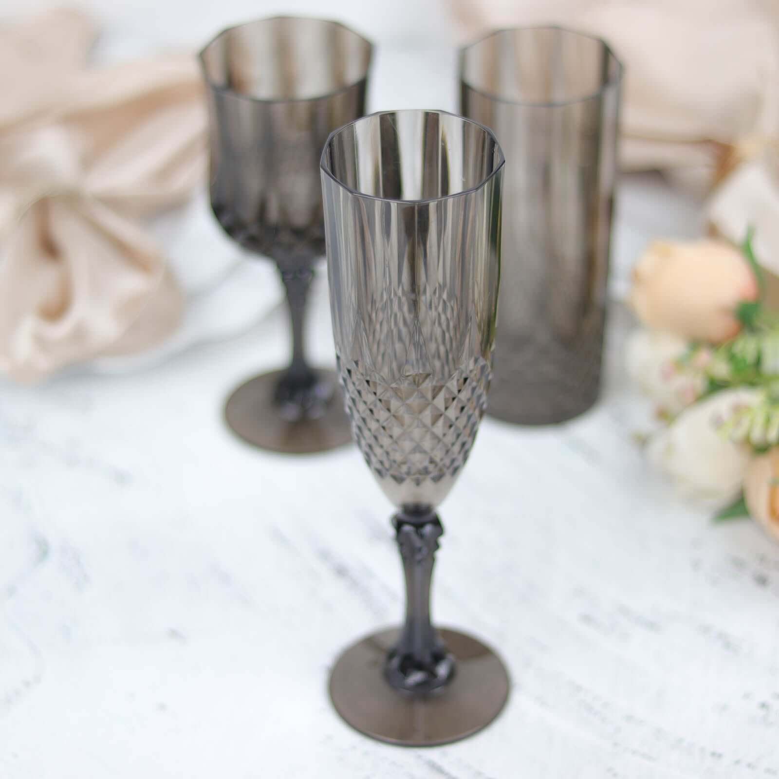6 - Pack Plastic Wedding Toast Flutes Black Transparent Crystal Cut Style - Reusable Champagne Glasses 8oz - Bell Racket Store
