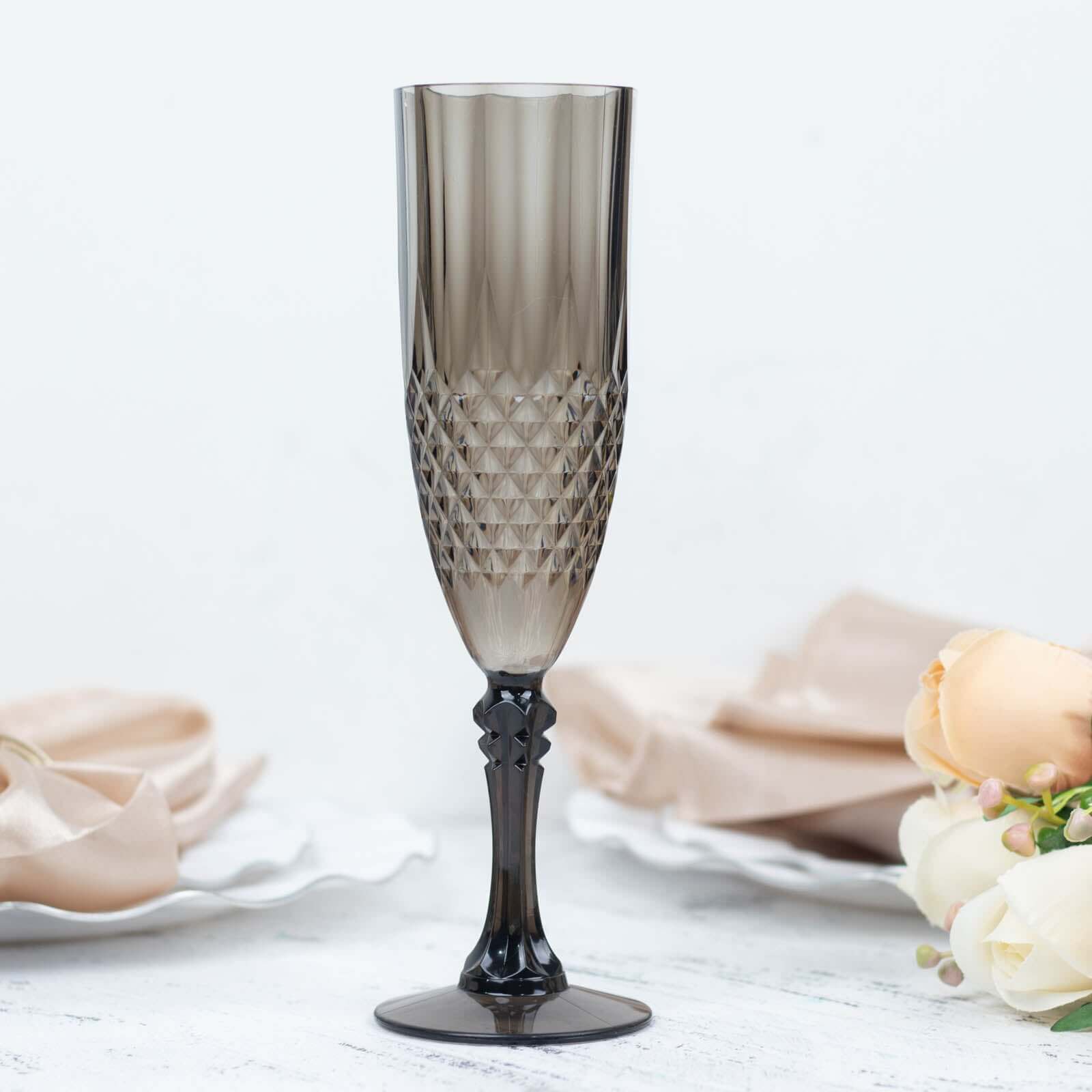 6 - Pack Plastic Wedding Toast Flutes Black Transparent Crystal Cut Style - Reusable Champagne Glasses 8oz - Bell Racket Store