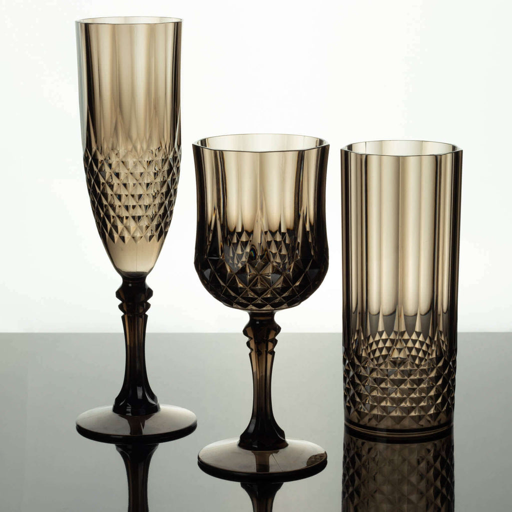 6 - Pack Plastic Wedding Toast Flutes Black Transparent Crystal Cut Style - Reusable Champagne Glasses 8oz - Bell Racket Store
