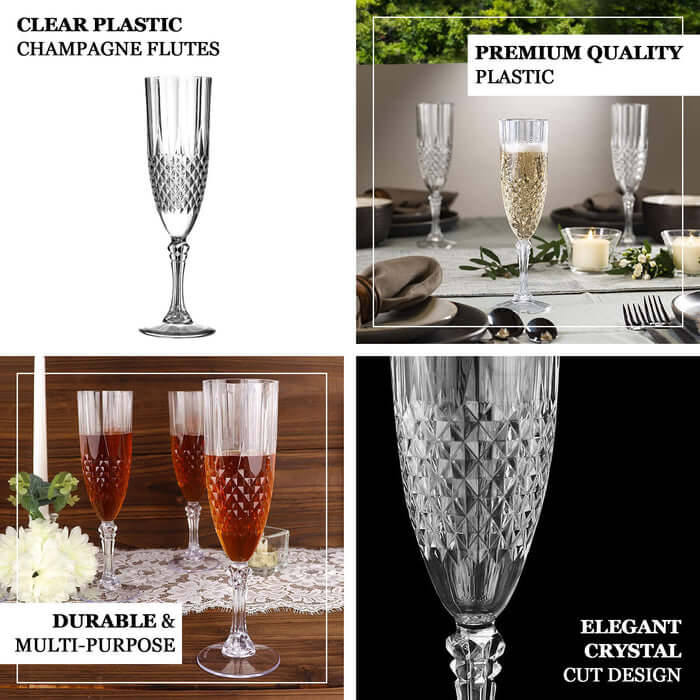 6 - Pack Plastic Wedding Toast Flutes Clear Transparent Crystal Cut Style - Reusable Champagne Glasses 8oz - Bell Racket Store