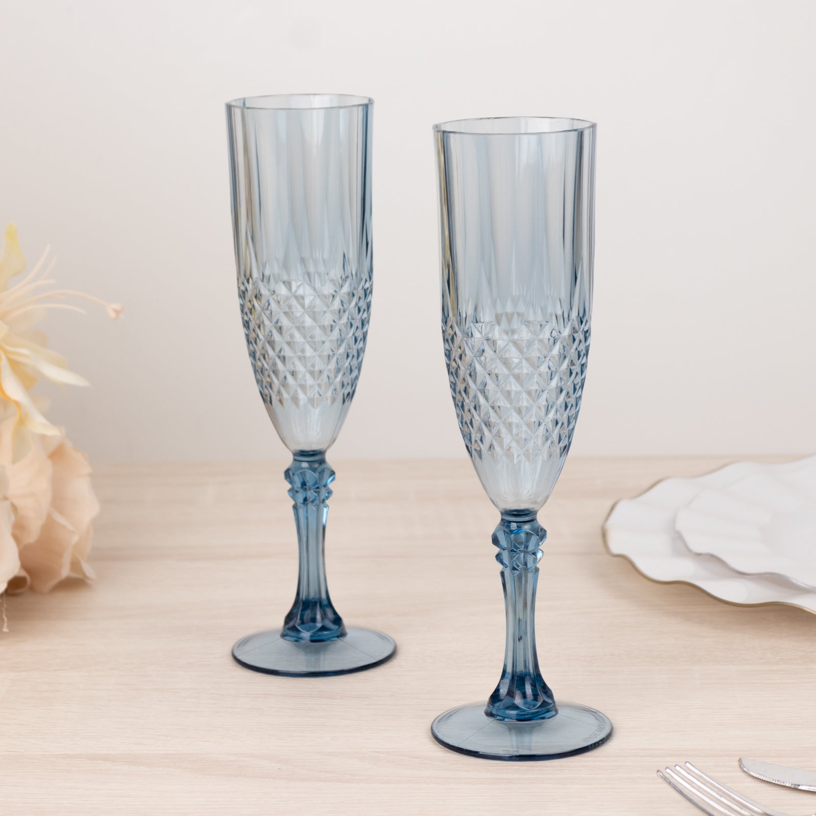 6 - Pack Plastic Wedding Toast Flutes Dusty Blue Transparent Crystal Cut Style - Reusable Champagne Glasses 8oz - Bell Racket Store