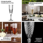 6 - Pack Plastic Wedding Toast Flutes Dusty Blue Transparent Crystal Cut Style - Reusable Champagne Glasses 8oz - Bell Racket Store
