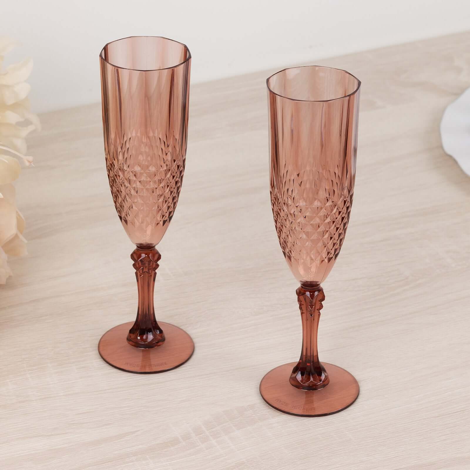 6 - Pack Plastic Wedding Toast Flutes Dusty Rose Transparent Crystal Cut Style - Reusable Champagne Glasses 8oz - Bell Racket Store
