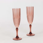 6 - Pack Plastic Wedding Toast Flutes Dusty Rose Transparent Crystal Cut Style - Reusable Champagne Glasses 8oz - Bell Racket Store