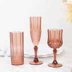 6 - Pack Plastic Wedding Toast Flutes Dusty Rose Transparent Crystal Cut Style - Reusable Champagne Glasses 8oz - Bell Racket Store