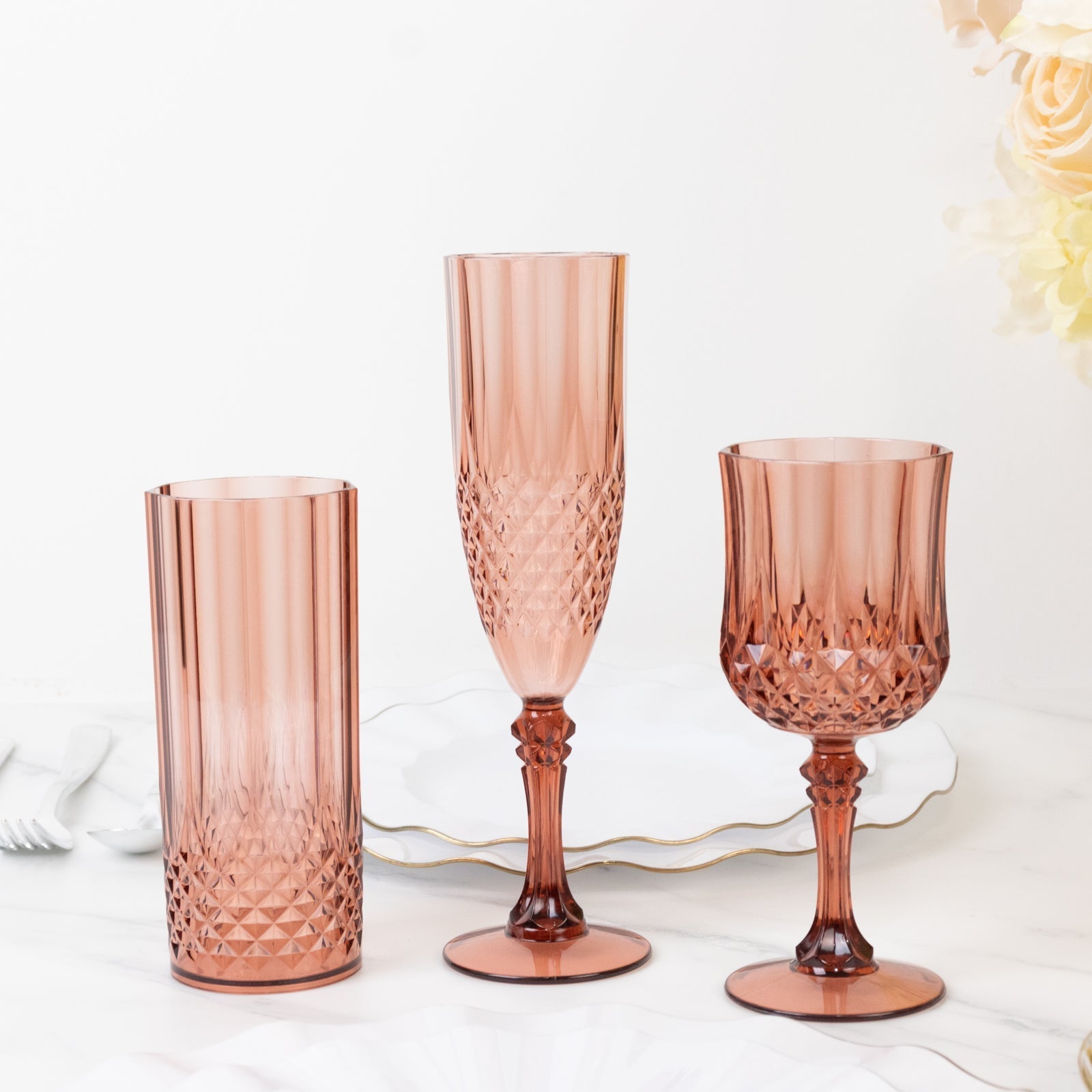 6 - Pack Plastic Wedding Toast Flutes Dusty Rose Transparent Crystal Cut Style - Reusable Champagne Glasses 8oz - Bell Racket Store