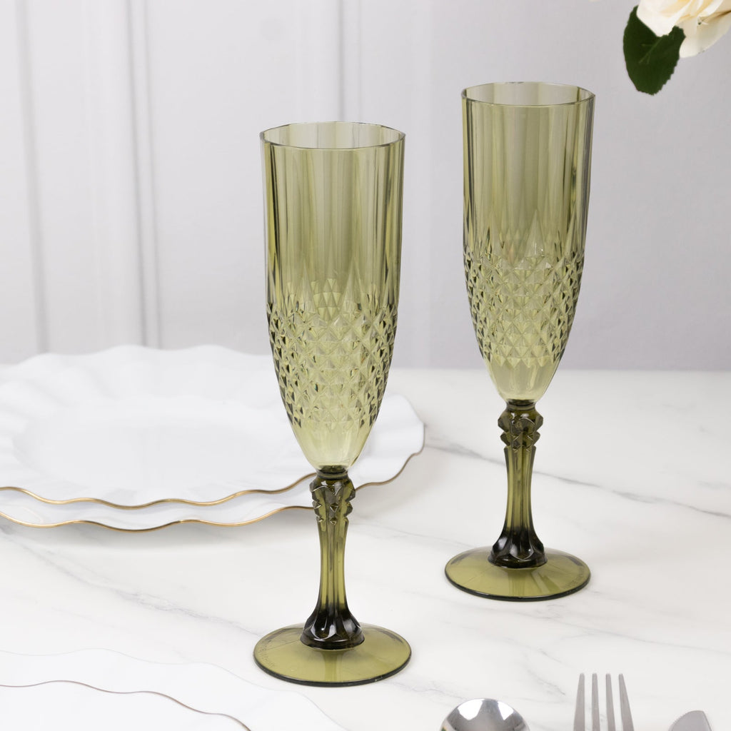 6 - Pack Plastic Wedding Toast Flutes Dusty Sage Green Transparent Crystal Cut Style - Reusable Champagne Glasses 8oz - Bell Racket Store