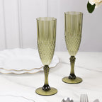 6 - Pack Plastic Wedding Toast Flutes Dusty Sage Green Transparent Crystal Cut Style - Reusable Champagne Glasses 8oz - Bell Racket Store