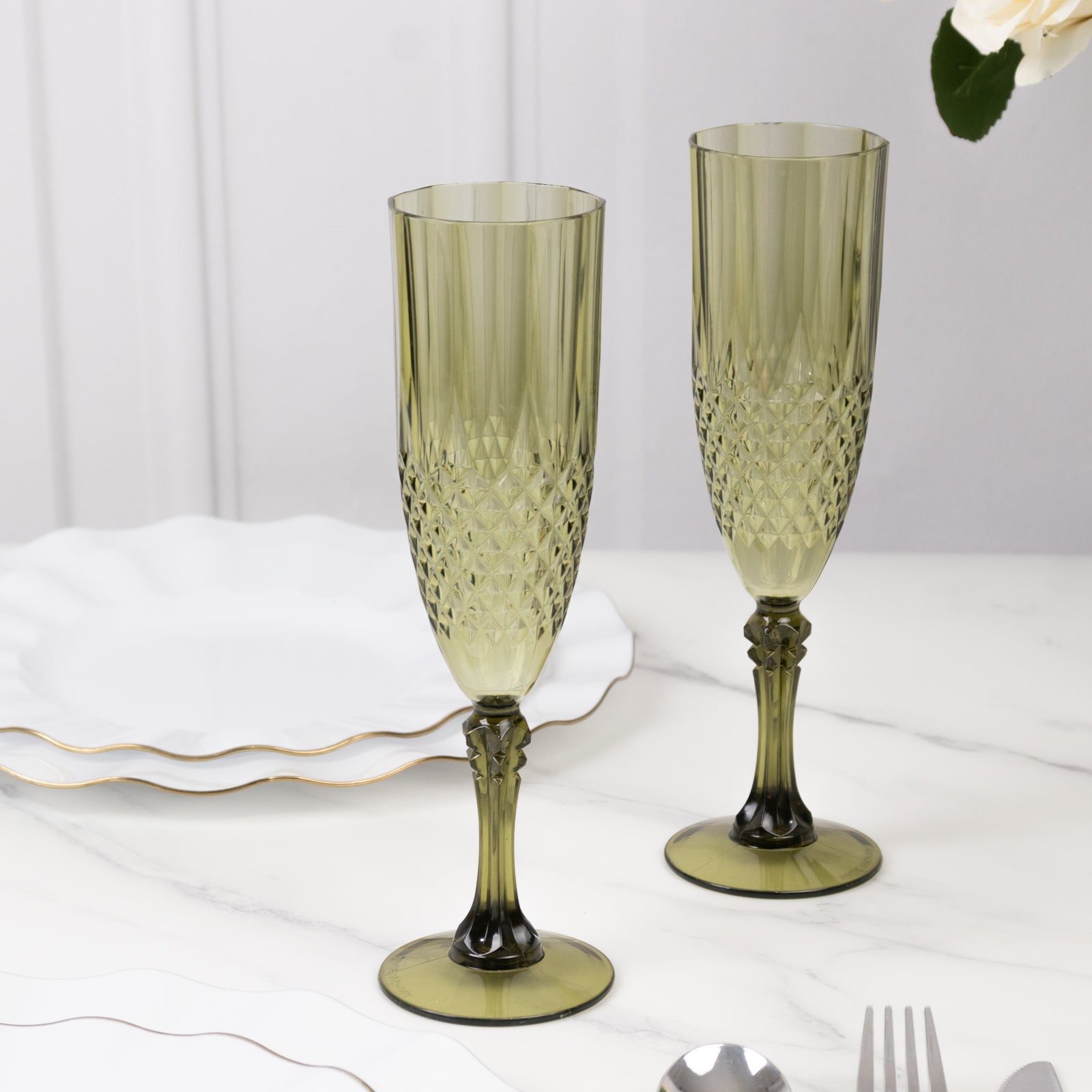 6 - Pack Plastic Wedding Toast Flutes Dusty Sage Green Transparent Crystal Cut Style - Reusable Champagne Glasses 8oz - Bell Racket Store