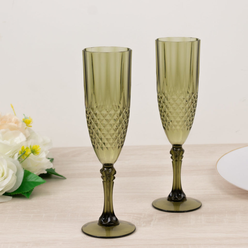 6 - Pack Plastic Wedding Toast Flutes Dusty Sage Green Transparent Crystal Cut Style - Reusable Champagne Glasses 8oz - Bell Racket Store