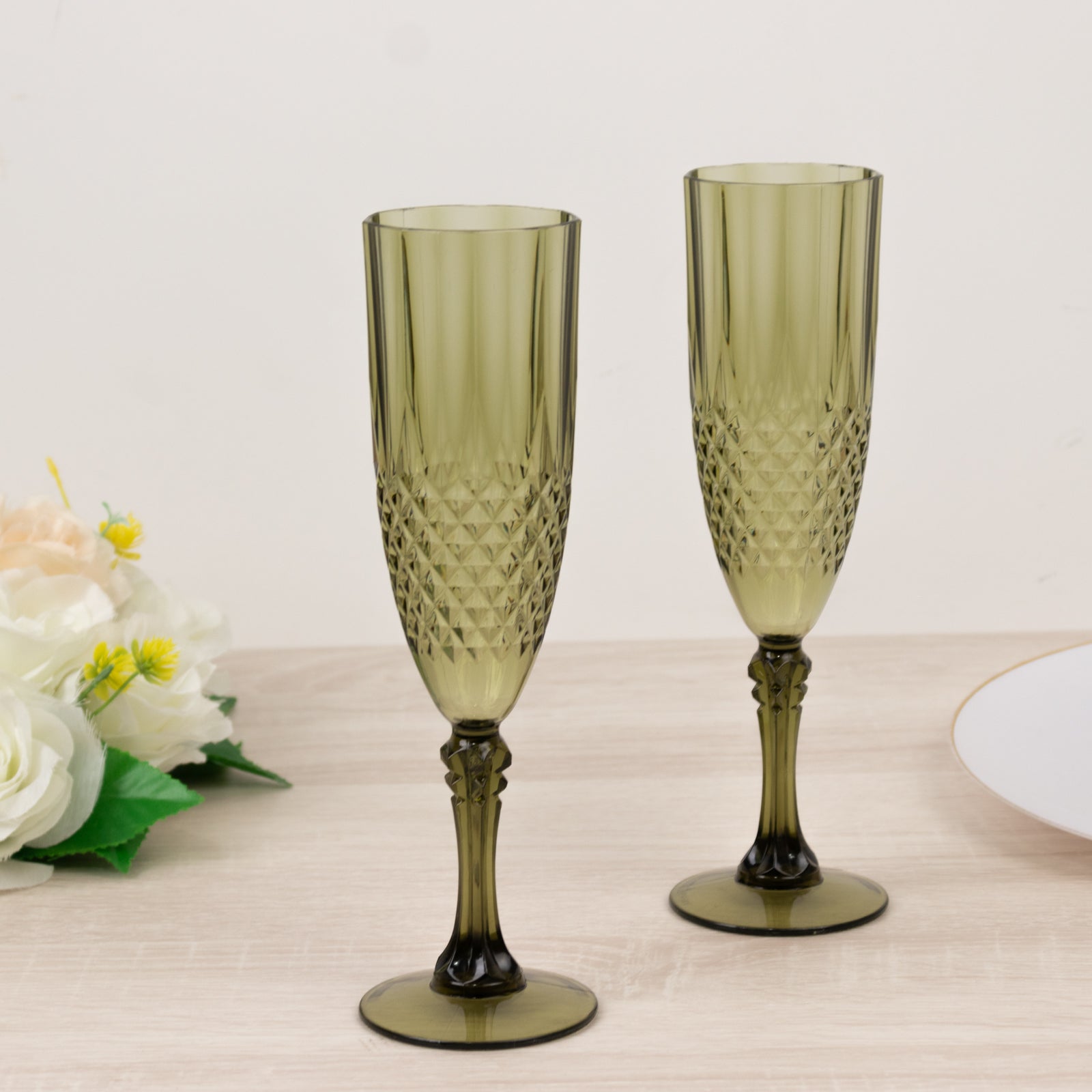 6 - Pack Plastic Wedding Toast Flutes Dusty Sage Green Transparent Crystal Cut Style - Reusable Champagne Glasses 8oz - Bell Racket Store